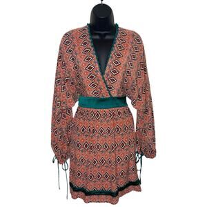 TALITHA‎ Orange Almasi Print Mini Dress 100% Silk Faux Wrap Boho Pom Pom Sz XS
